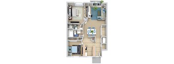 A floor plan of a small apartment with a kitchen, living room, and bedroom.