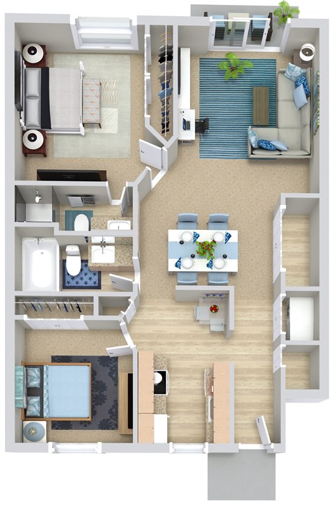 A floor plan of a small apartment with a kitchen, living room, and bedroom.