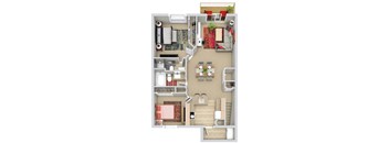 A floor plan of a two-story apartment with a living room, dining room, kitchen, and bedrooms.