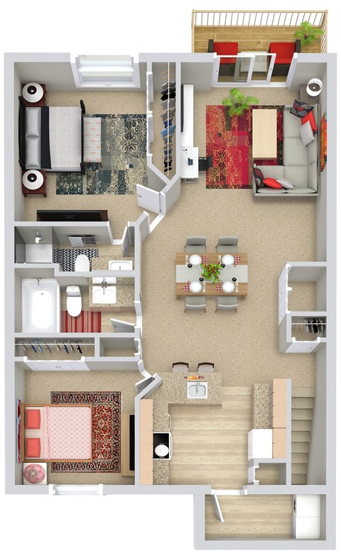 A floor plan of a two-story apartment with a living room, dining room, kitchen, and bedrooms.