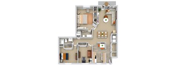 A 3D floor plan of a house with a kitchen, living room, dining room, and bedrooms.
