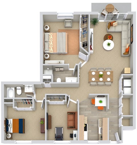 A 3D floor plan of a house with a kitchen, living room, dining room, and bedrooms.