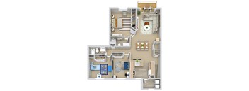 A floor plan of a two-story apartment with a living room, dining room, kitchen, and bedrooms.