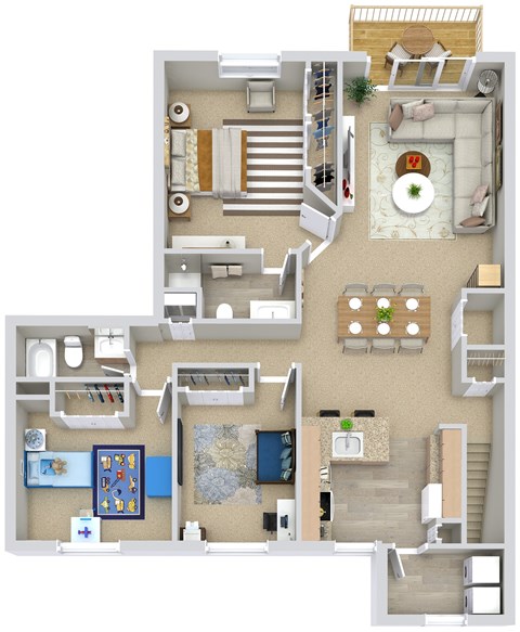 A floor plan of a two-story apartment with a living room, dining room, kitchen, and bedrooms.