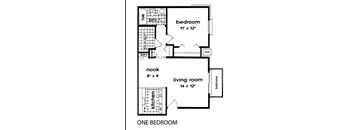 A floor plan of a one bedroom apartment with a living room, kitchen and bathroom.