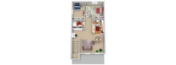 A 3D floor plan of a small apartment with a living room, kitchen, and bedrooms.