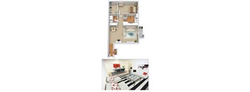 A floor plan and a photo of a living room with a black and white striped rug.