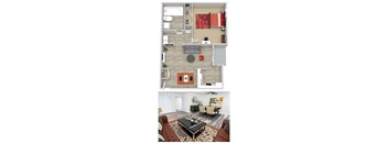 A top-down view of a living room and kitchen area.