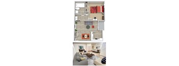 A top-down view of a living room and kitchen area.