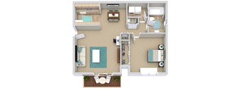 A floor plan of a house with a living room, dining room, kitchen, and two bedrooms.