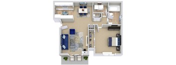 A top-down view of a living room, kitchen, and dining area.
