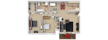 A top-down view of a small apartment with a kitchen, living room, and bedroom.
