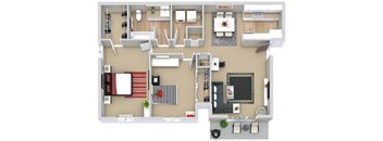 A floor plan of a house with a living room, dining room, kitchen, and two bedrooms.