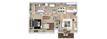 A top-down view of a house interior with a kitchen, living room, and dining area.