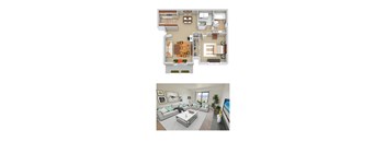 A top-down view of a house layout and a photo of a living room.