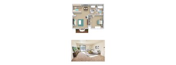 A floor plan and a photo of a living room with a couch, a coffee table, and a painting on the wall.