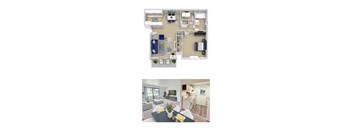 A floor plan and a photo of a living room with a kitchen in the background.