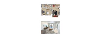 A top-down view of a house layout and a bottom-up view of a living room.