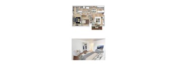 A floor plan and a photo of a bedroom with a bed, a couch, a TV, and a wardrobe.