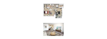 A top-down view of a house layout and a bottom-up view of a living room.
