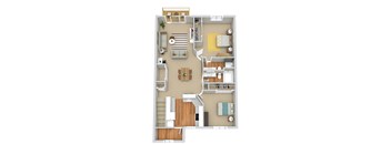 A floor plan of a house with a living room, kitchen, and two bedrooms.
