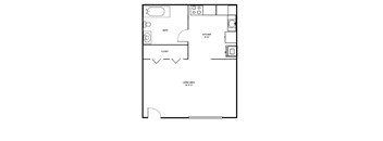 an illustration of a 1 bedroom floor plan with a bathroom and a closet