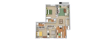 A 3D floor plan of a house with a kitchen, living room, and bedrooms.