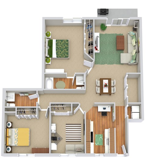 A 3D floor plan of a house with a kitchen, living room, and bedrooms.