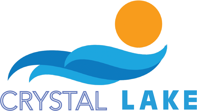 the logo for cystals lake with a wave in front of the sun