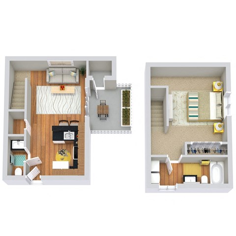 a stylized floor plan of a bedroom and living room
