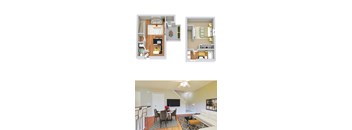 A top-down view of a living room and kitchen area with a staircase leading to another level.