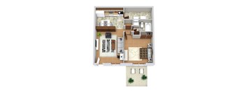 a stylized floor plan with a bedroom and a living room