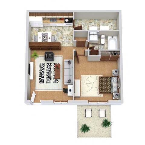 a stylized floor plan with a bedroom and a living room
