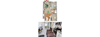 A floor plan and a photo of a kitchen with white cabinets and a stove top oven.