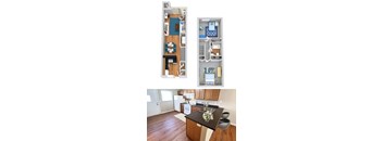 A floor plan of a small apartment with a kitchen and a living room.