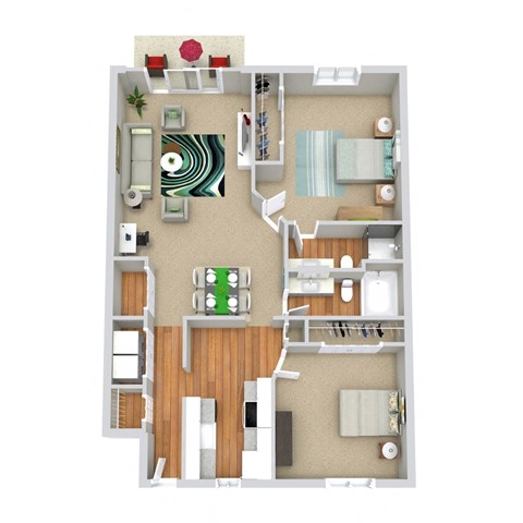 a stylized floor plan with a bedroom and living room