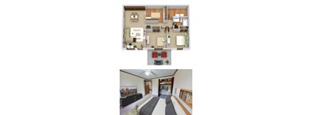 A top-down view of a house layout and a bottom-up view of a living room.