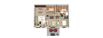 a 3d drawing of a 1 bedroom apartment with a bathroom and a living room