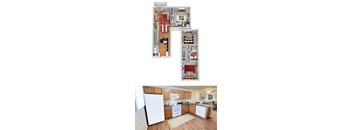 A floor plan and a photo of a kitchen with white appliances and wood floors.