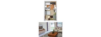 A top-down view of a small apartment with a living room below.