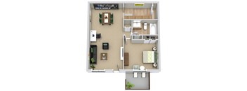 A floor plan of a house with a living room, kitchen, and bathroom.
