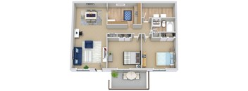 A floor plan of a house with a living room, kitchen, and two bedrooms.