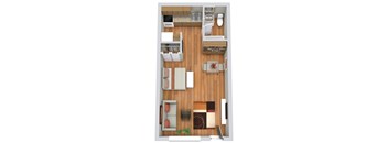A top down view of a small apartment with a kitchen, living room, and bedroom.