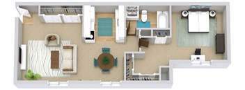 a floor plan of a house with furniture and a swimming pool
