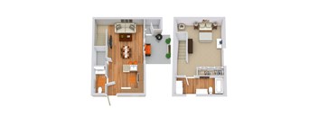 Two images of a house layout with a living room, kitchen, and bedroom.
