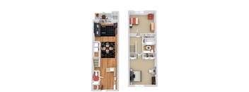 Two images of a room with a couch, a table, and a chair.