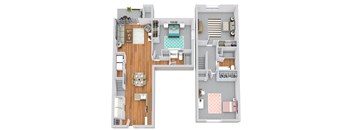A floor plan of a two-bedroom apartment with a kitchen and living room.