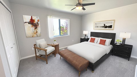 A bedroom with a bed, chair, and painting.