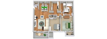 A top-down view of a living room, kitchen, and dining area.