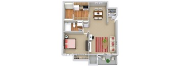 A top-down view of a small apartment with a kitchen, living room, and bathroom.